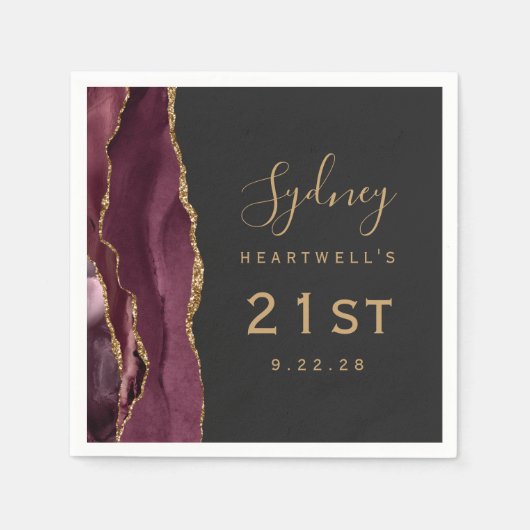Serviette En Papier Burgundy Agate Gold Script Dark 21e anniversaire (Devant)