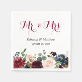 Serviette En Papier Burgundy Blush Blue Floral M. et Mme la Mariage (Devant)