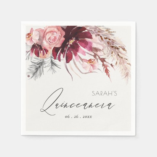 Serviette En Papier Burgundy Blush Floral Pampas Grass Quinceanera (Devant)