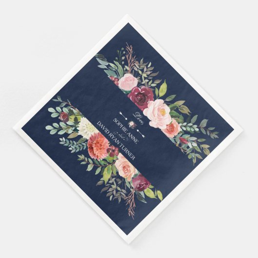 Serviette En Papier Burgundy Blush Floral Wreath Navy Blue Mariage (Coin)