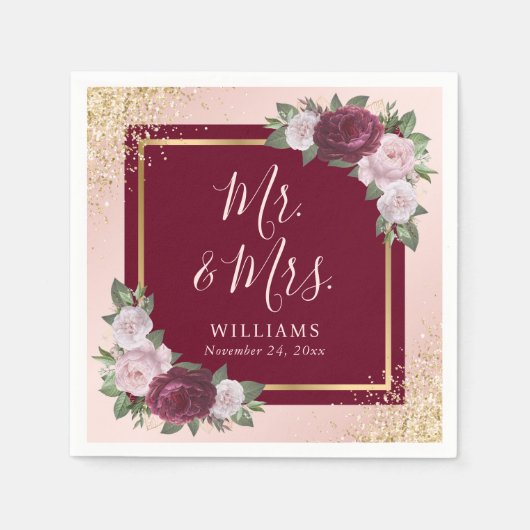 Serviette En Papier Burgundy Blush Pink Gold Floral Mr & Mrs Mariage (Devant)
