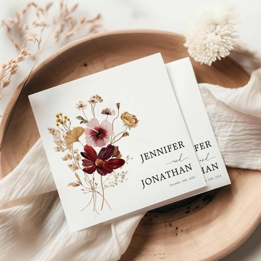 Serviette En Papier Burgundy Boho Fall Floral Photo Faire-part de mari