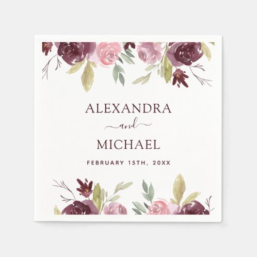 Serviette En Papier Burgundy Elegant Aquarelle Floral Mariage (Devant)