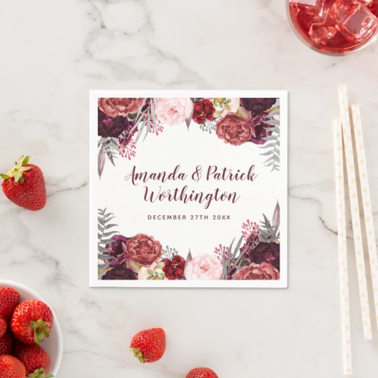Serviette En Papier Burgundy Fall Marsala Blush Peony Mariage serviett (En situation)