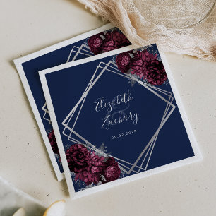 Serviette En Papier Burgundy Floral Argent Mariage bleu marine géométr