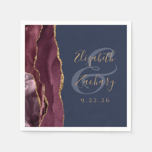 Serviette En Papier Burgundy Gold Agate Marine Mariage bleu (Devant)