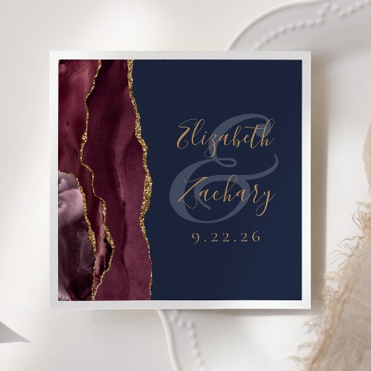 Serviette En Papier Burgundy Gold Agate Marine Mariage bleu