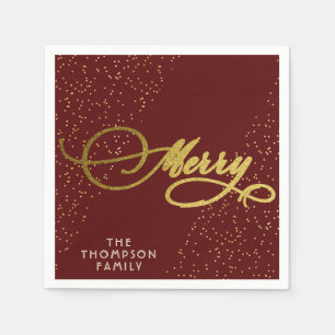 Serviette En Papier Burgundy Gold Script Merry Bright Famille Noël