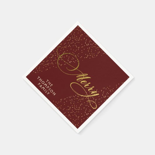 Serviette En Papier Burgundy Gold Script Merry Bright Famille Noël (Coin)