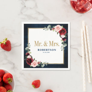 Serviette En Papier Burgundy Marine Blush Floral Mariage géométrique N