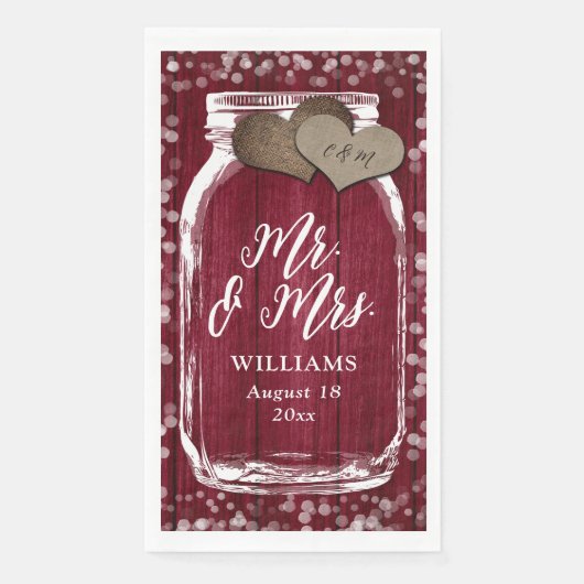 Serviette En Papier Burgundy Mason Jar Barn Wood Mr & Mrs Mariage (Devant)