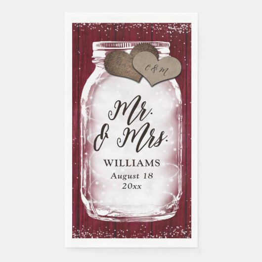Serviette En Papier Burgundy Mason Jar Barn Wood Mr & Mrs Mariage (Devant)