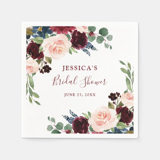 Serviette En Papier Burgundy Navy Blue Blush Fleurs Mariage (Devant)