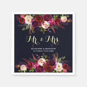 Serviette En Papier Burgundy Navy Rustic Floral M. et Mme Mariage
