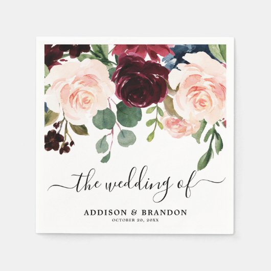 Serviette En Papier Burgundy Red Navy Blush Floral papier Mariage (Devant)