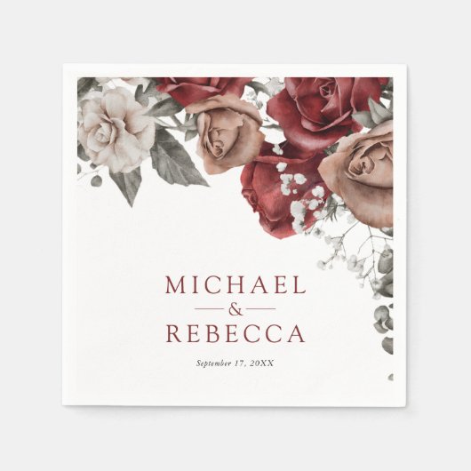 Serviette En Papier Burgundy Red Roses Floral Wedding (Devant)