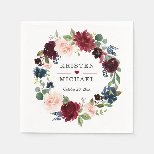 Serviette En Papier Burgundy Rouge Bleu Floral Mariage (Devant)