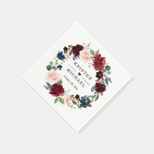 Serviette En Papier Burgundy Rouge Bleu Floral Mariage (Coin)