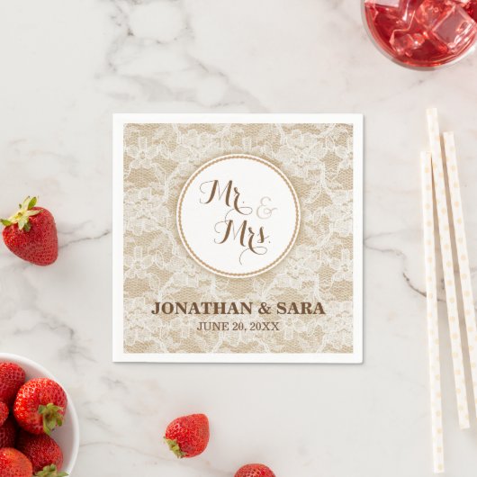 Serviette En Papier Burlap et Lace, Mr & Mrs Mariage personnalisé (En situation)