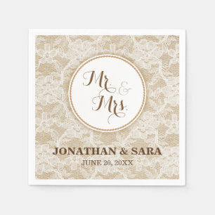 Serviette En Papier Burlap et Lace, Mr & Mrs Mariage personnalisé