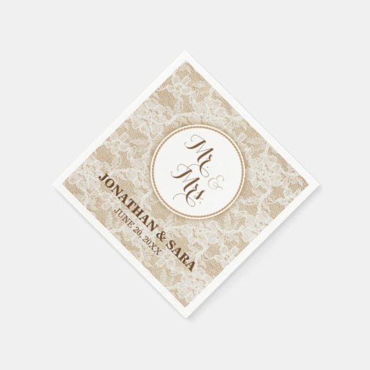 Serviette En Papier Burlap et Lace, Mr & Mrs Mariage personnalisé (Coin)