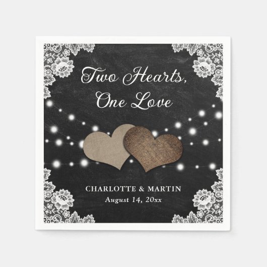 Serviette En Papier Burlap Hearts Dentelle Rustique Black Chalkboard M (Devant)