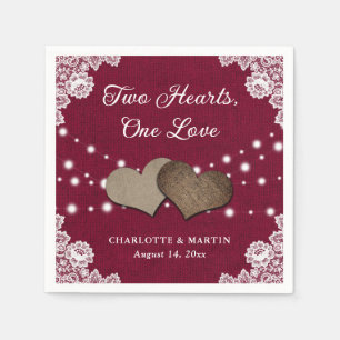 Serviette En Papier Burlap Hearts Dentelle Rustique Bourgogne Mariage 
