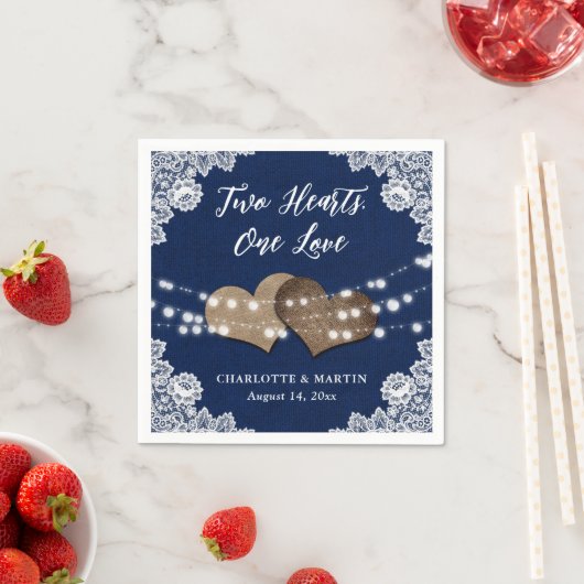 Serviette En Papier Burlap Hearts Dentelle Rustique Mariage bleu marin (En situation)