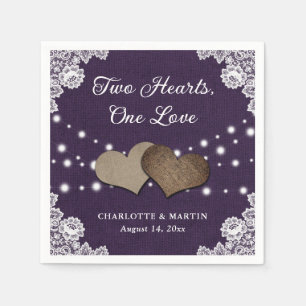 Serviette En Papier Burlap Hearts Lace Rustique violet Mariage