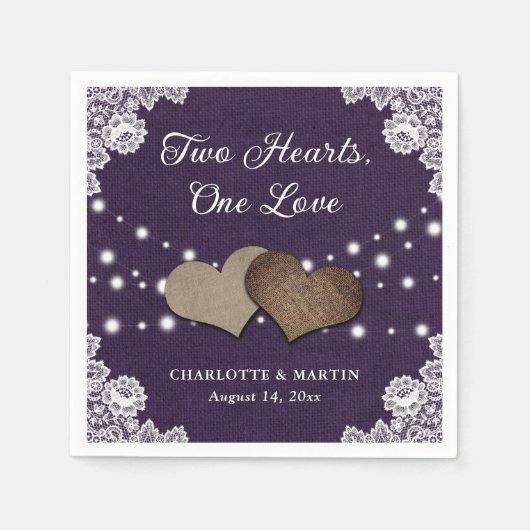 Serviette En Papier Burlap Hearts Lace Rustique violet Mariage (Devant)