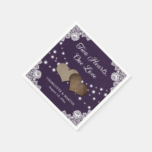 Serviette En Papier Burlap Hearts Lace Rustique violet Mariage (Coin)