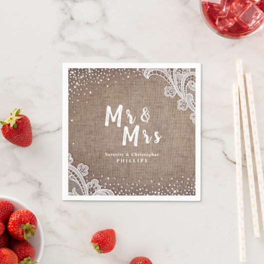 Serviette En Papier Burlap Lace argent parties scintillant M & Mme mar (En situation)
