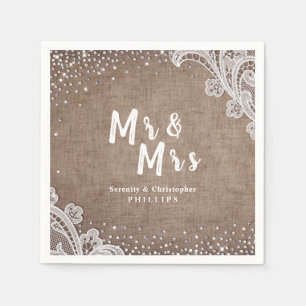 Serviette En Papier Burlap Lace argent parties scintillant M & Mme mar