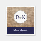 Serviette En Papier Burlap & Marine Blue Monogramme Mariage (Devant)