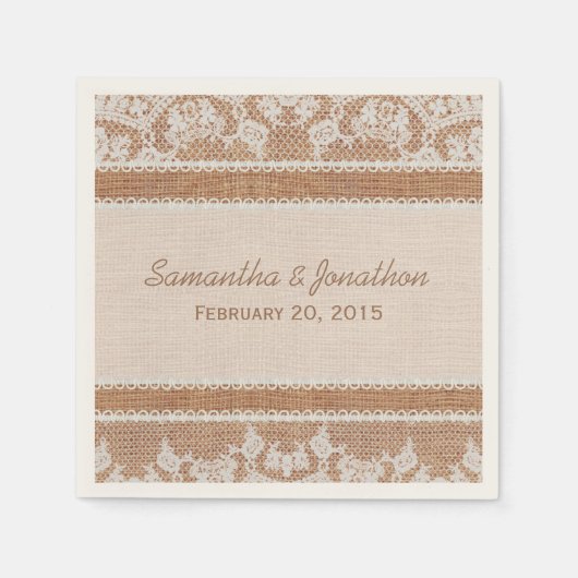 Serviette En Papier Burlap Rustique & Mariage de dentelle Blanche (Devant)