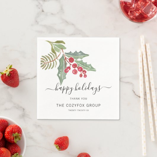 Serviette En Papier Business Modern Script Holly Berry (En situation)
