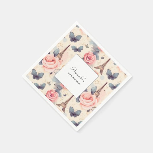 Serviette En Papier Butterfly Tour Eiffel et Motif Rose Anniversaire (Coin)