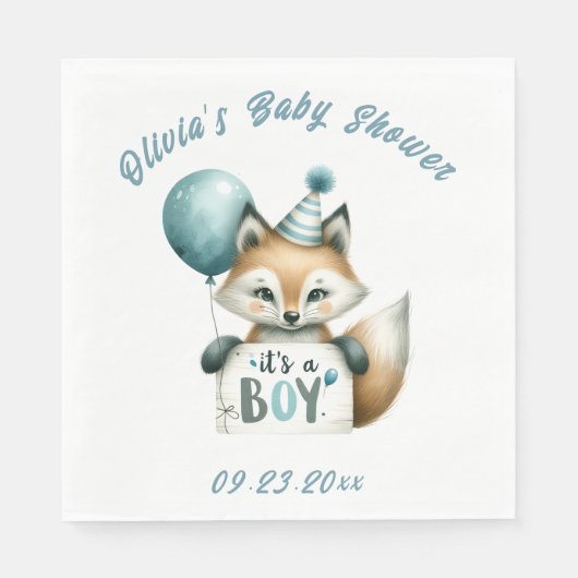 Serviette En Papier C’est un garçon Blue Fox Animal Theme Baby shower (Devant)