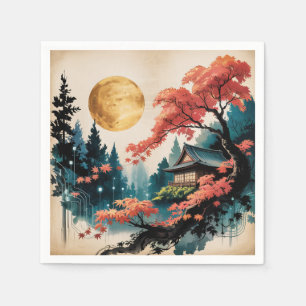 Serviette En Papier Cabane au clair de lune Forêt japonaise Art (4)