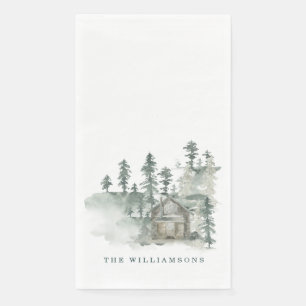 Serviette En Papier Cabane Rustique Aquarelle Vert Forêt Nom de Famill