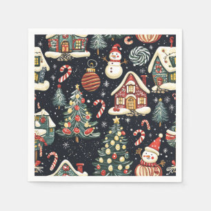 Serviette En Papier Cabanes d'hiver sombres Bonhomme de neige rouge Bo