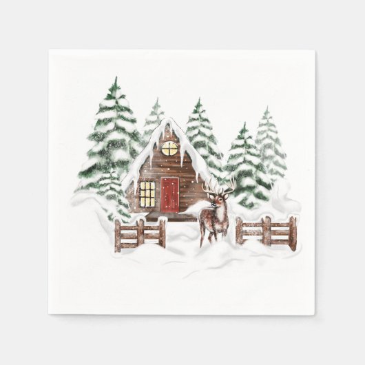 Serviette En Papier Cabine d'hiver Forêt de bois Napkins 2 (Devant)