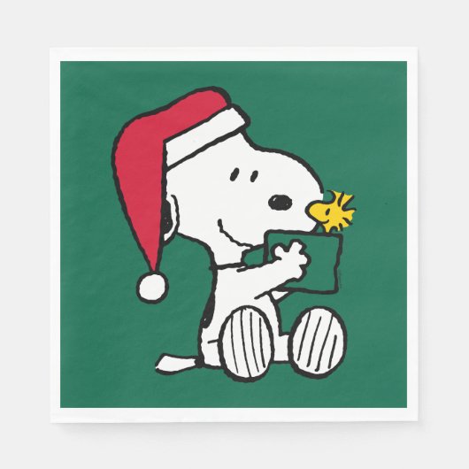 Serviette En Papier cacahuètes | Snoopy Père Noël & Woodstock Cadeau (Devant)