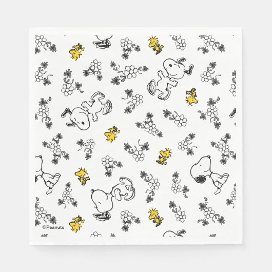 Serviette En Papier cacahuètes | Snoopy & Woodstock B&W Flower Motif (Devant)