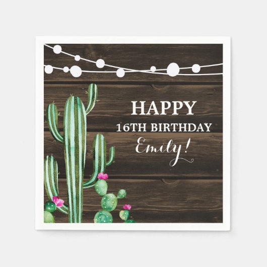 Serviette En Papier Cactus Aquarelle Rustique Anniversaire Bois de Gra (Devant)