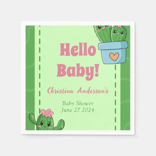 Serviette En Papier Cactus Bonjour Baby shower Vert rose Gris (Devant)