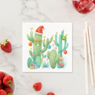 Serviette En Papier Cactus de Noël Festif avec chapeau et ornement