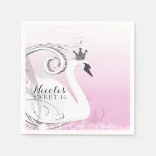 Serviette En Papier Cadeau de Baby Shower Cygne Princesse Blanc Argent