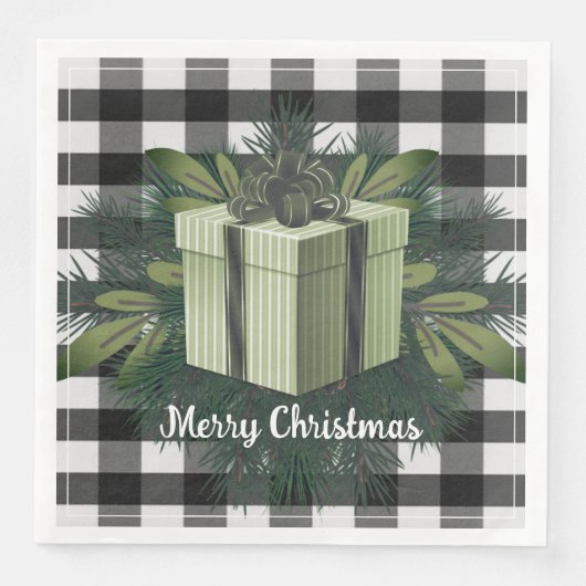 Serviette En Papier Cadeau de Noël Plaid Buffalo | Vert (Devant)