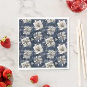 Serviette En Papier Cadeaux Bleus Rubans Flocons de Neige Argent Noël